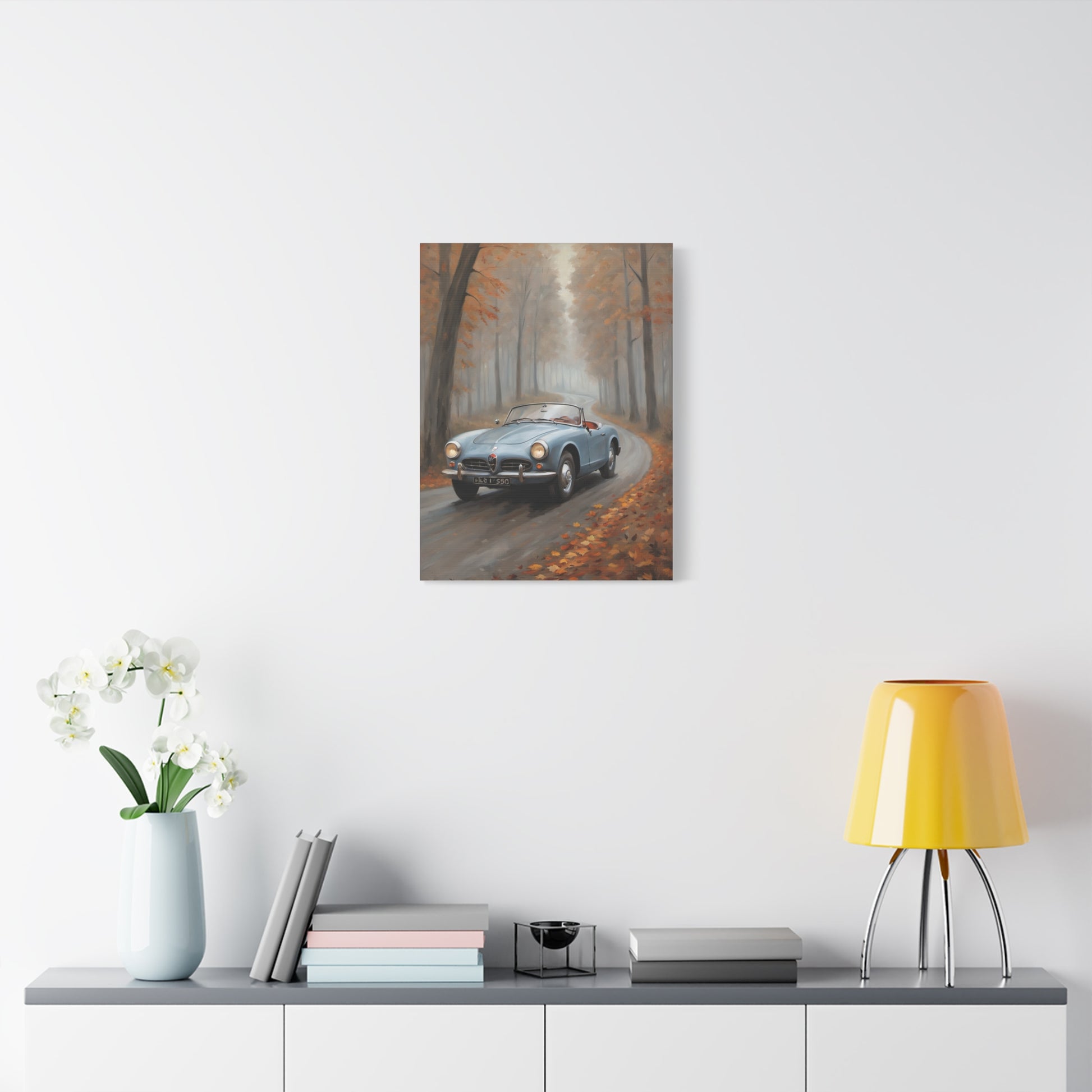 Autumn Car Canvas featuring a classic car driving through a misty forest road with falling leaves