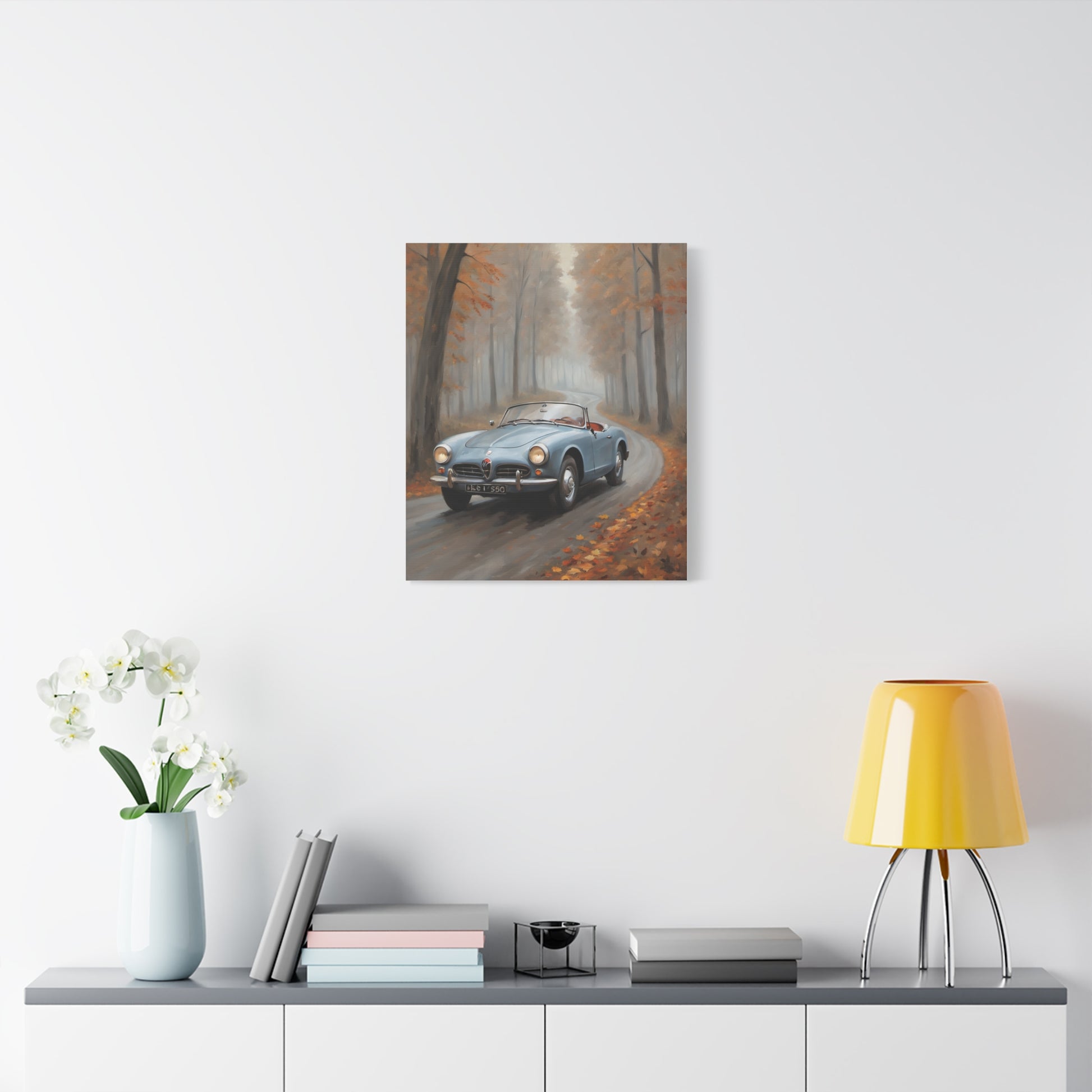Autumn Car Canvas featuring a classic blue car on a scenic road surrounded by fall foliage