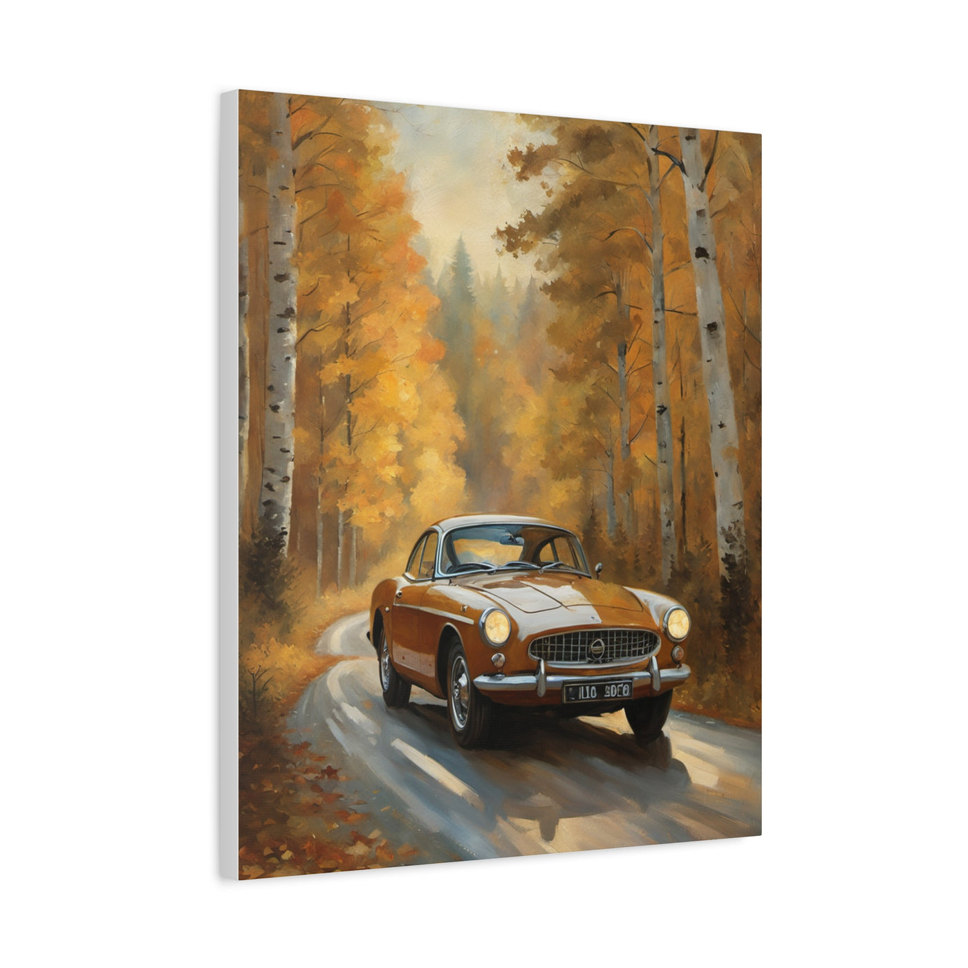 Autumn Car Canvas featuring an orange vintage car on a forest road surrounded by vibrant fall foliage