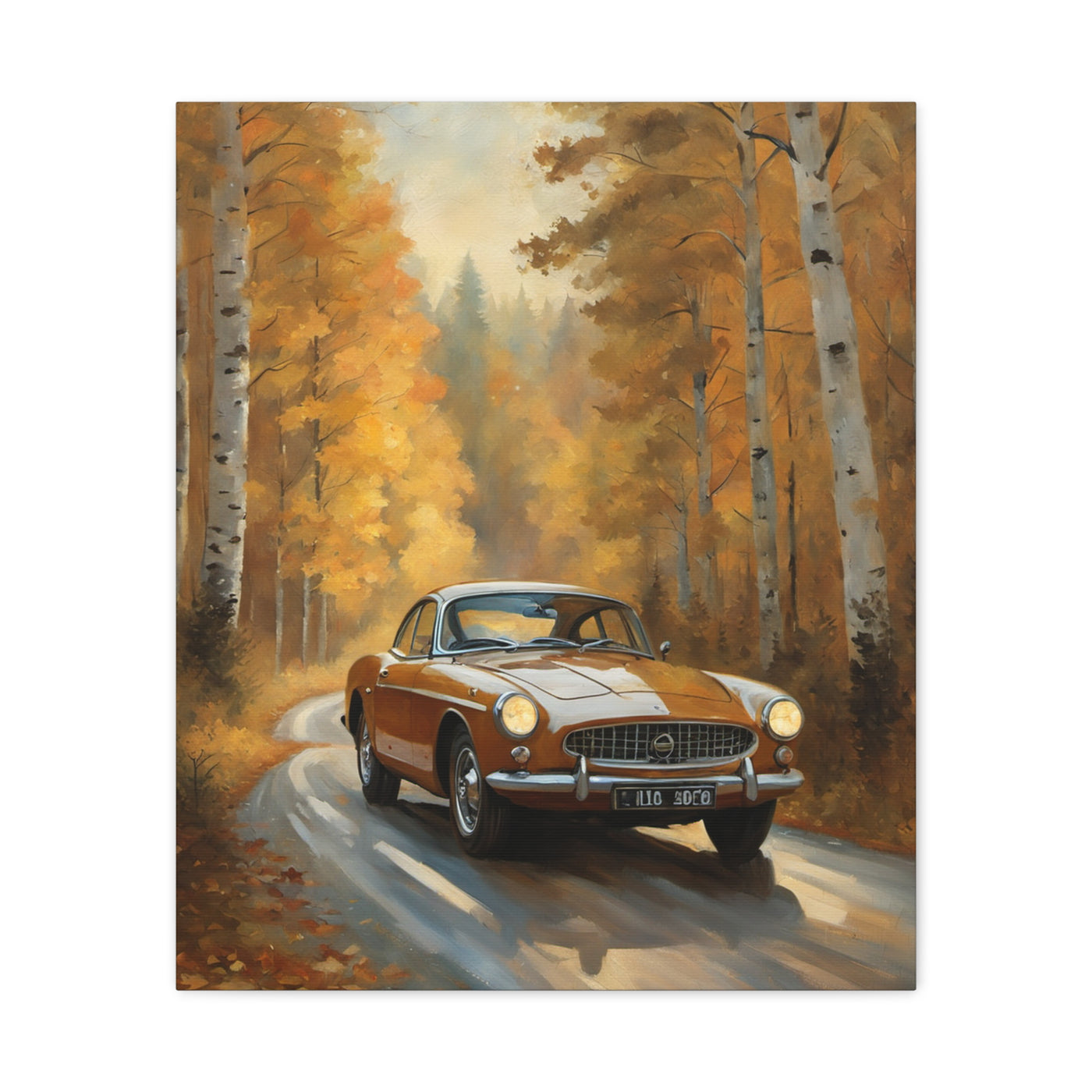 Autumn Car Canvas featuring an orange vintage car driving through a scenic fall forest road