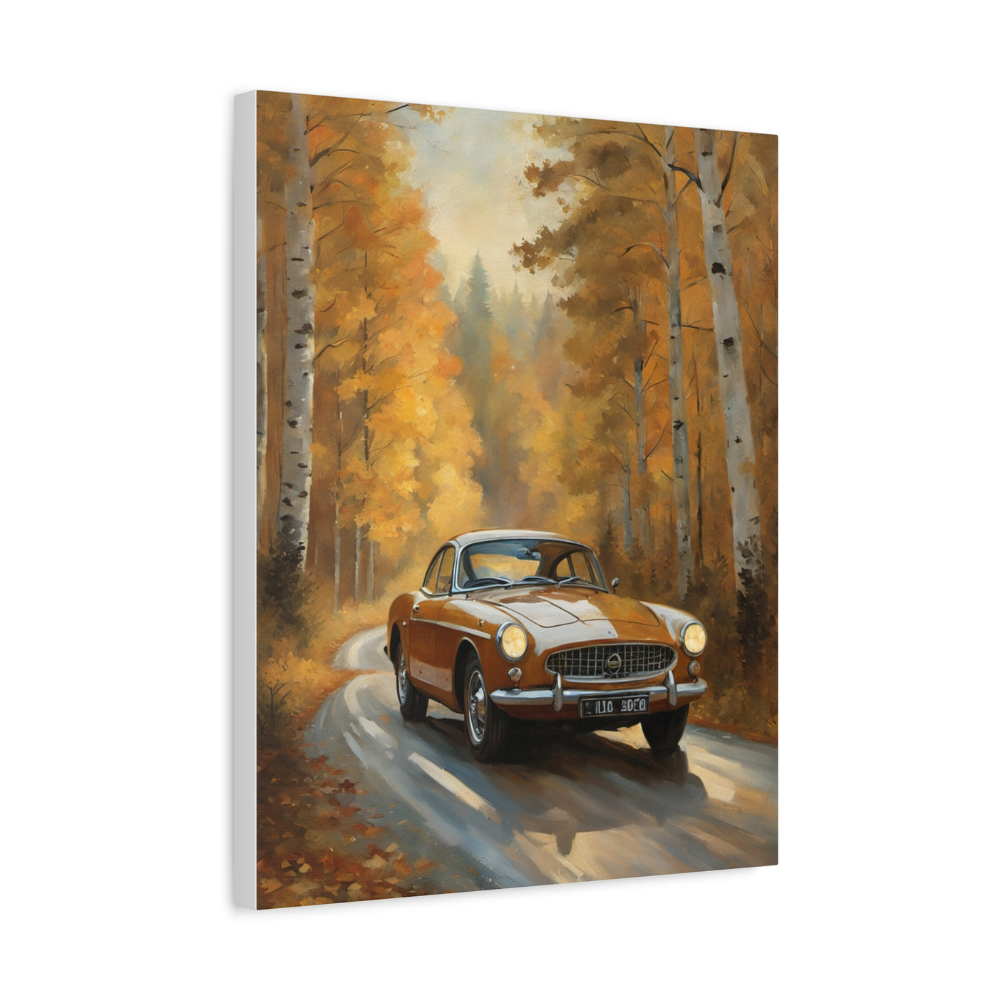 Autumn Car Canvas featuring a classic car driving down a tree-lined road with fall foliage