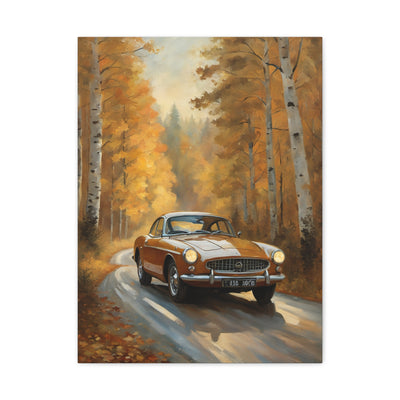 Autumn Car Canvas featuring a vintage car driving along a tree-lined road in fall colors