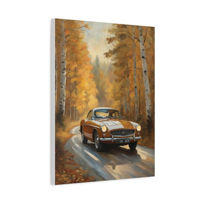 Autumn Car Canvas featuring a vintage car driving through a scenic fall landscape with vibrant trees