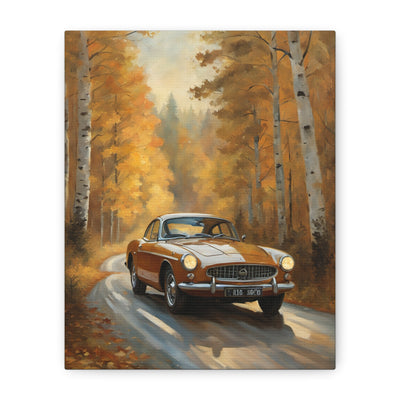 Autumn Car Canvas featuring a vintage car driving through a scenic autumn landscape with vibrant foliage