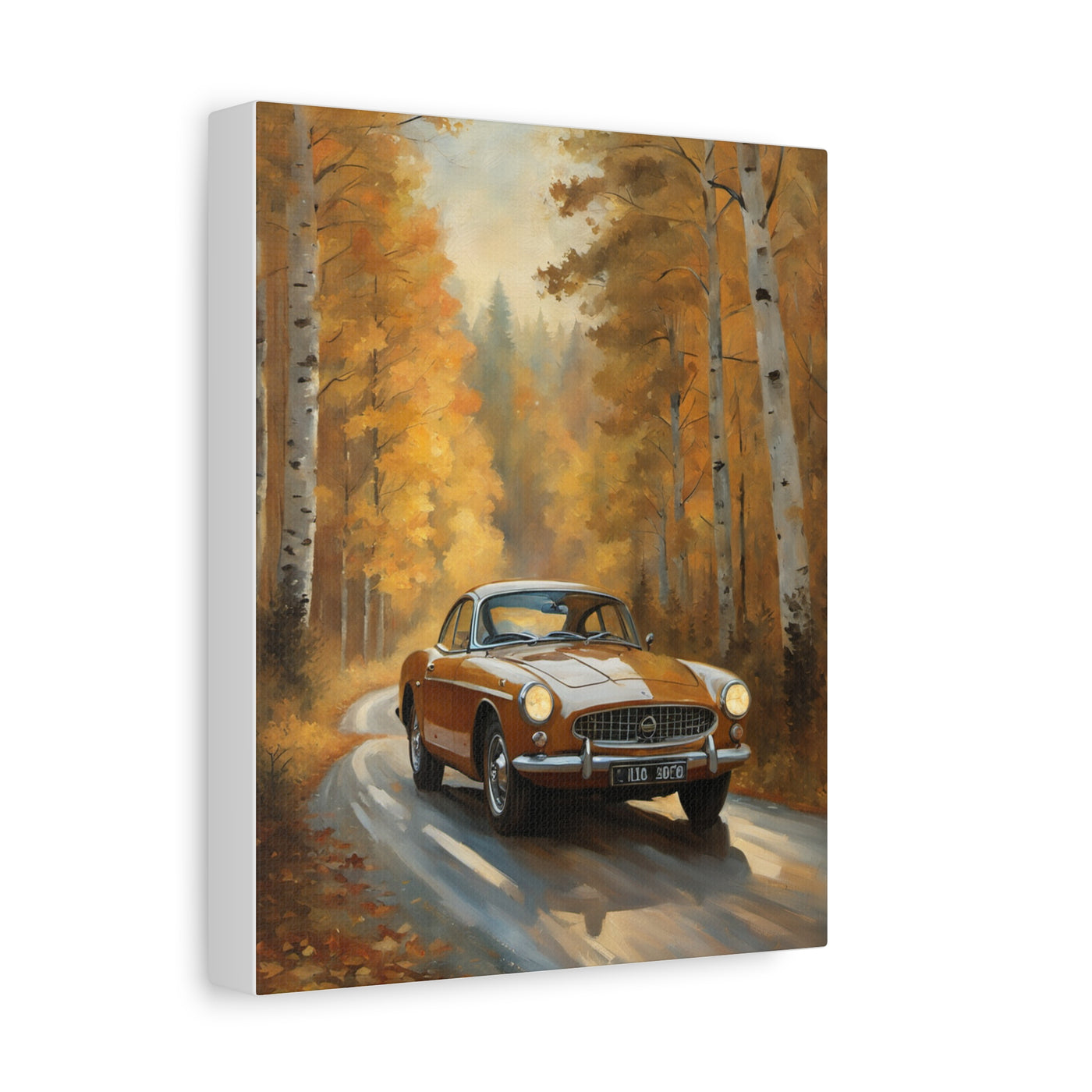 Autumn Car Canvas featuring a vintage car driving down a scenic road surrounded by fall foliage