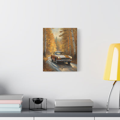 Autumn Car Canvas featuring a vintage car on a scenic fall road surrounded by golden trees