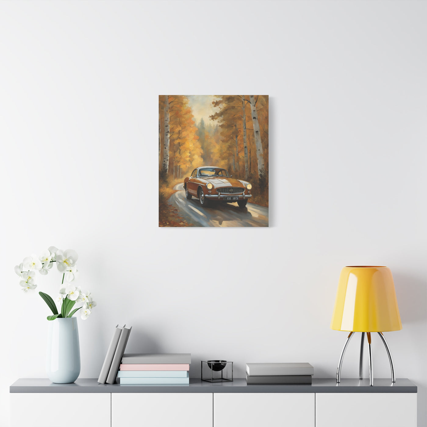 Autumn Car Canvas featuring a vintage car driving through a colorful autumn forest