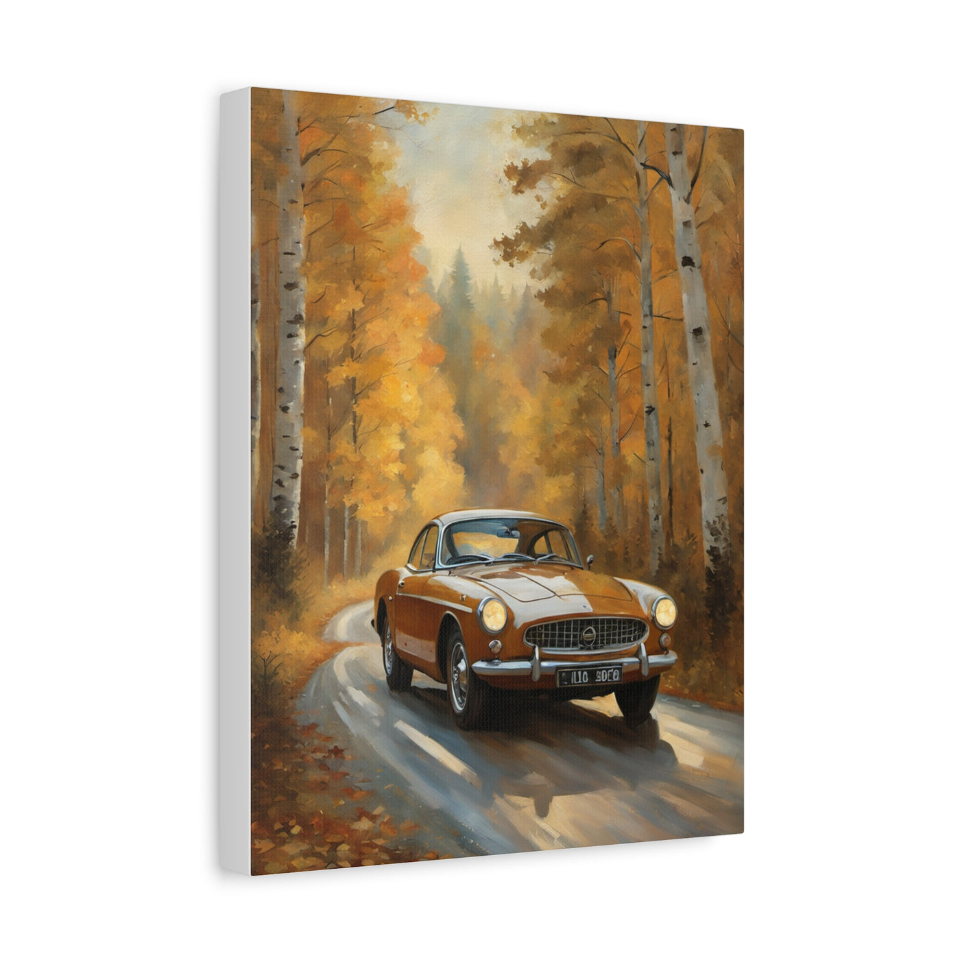 Autumn Car Canvas featuring a classic car driving on a tree-lined road with vibrant fall colors