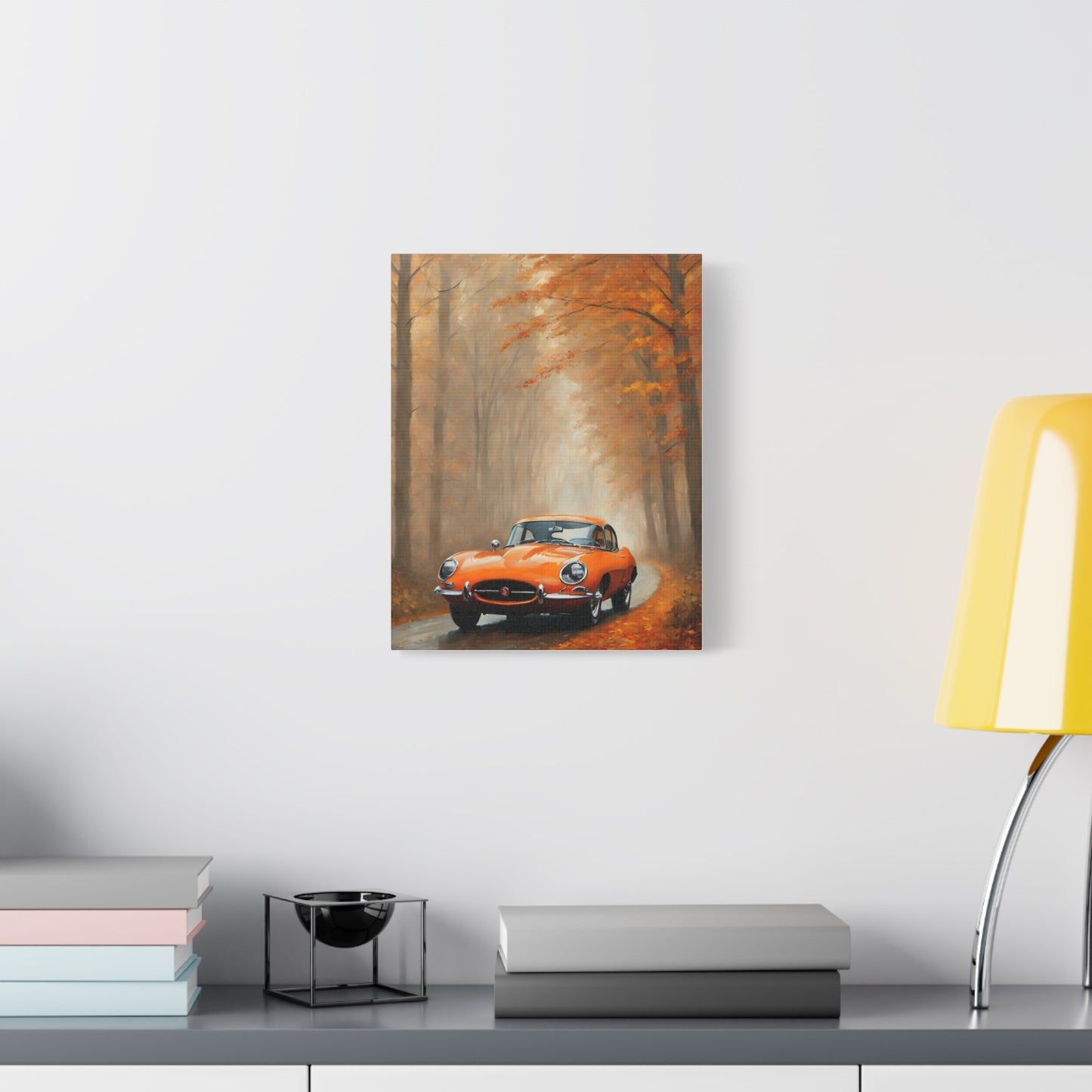 Autumn Car Canvas Print featuring a vintage orange car on a forest path with fall foliage