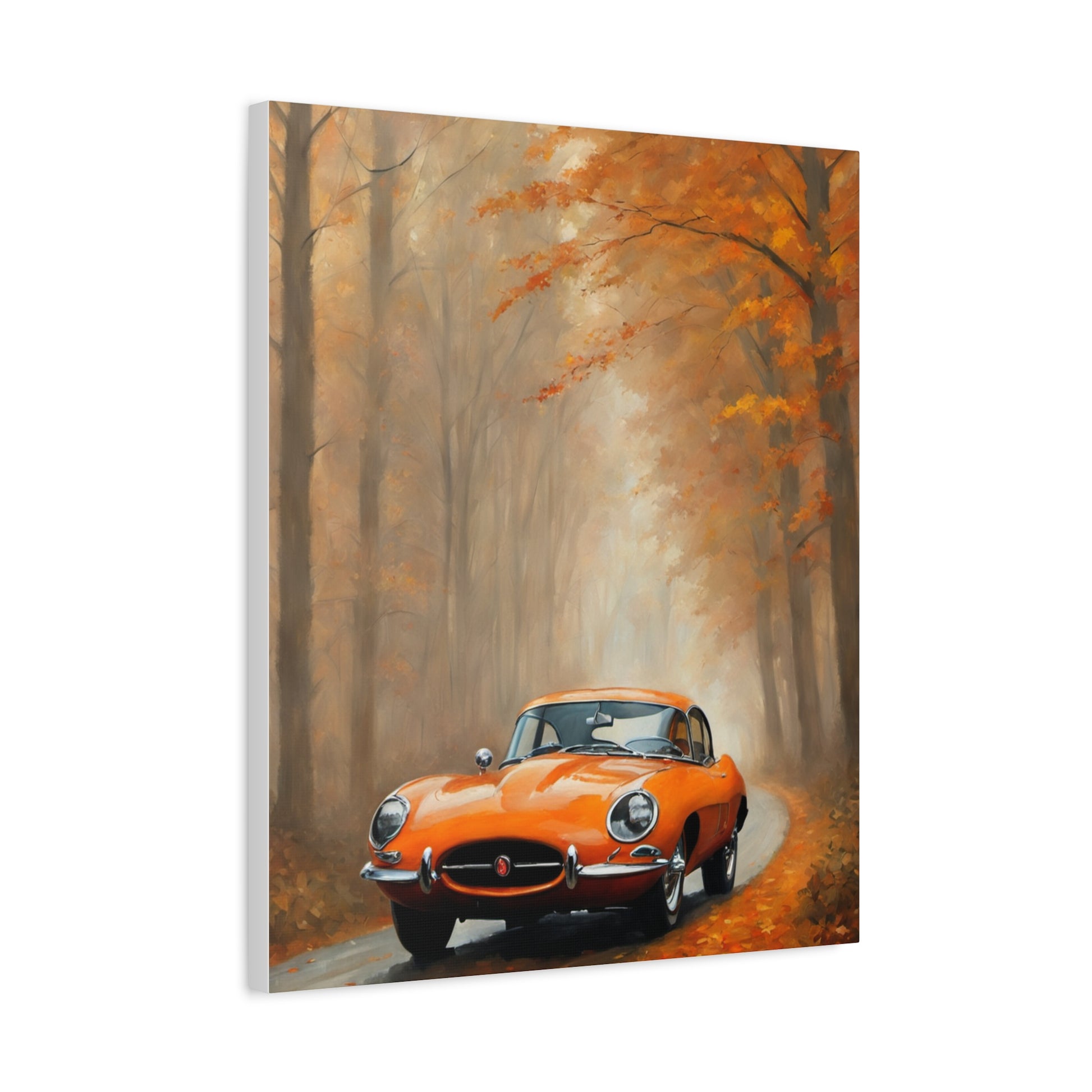 Autumn Car Canvas Print featuring an orange vintage car amidst autumn-colored trees