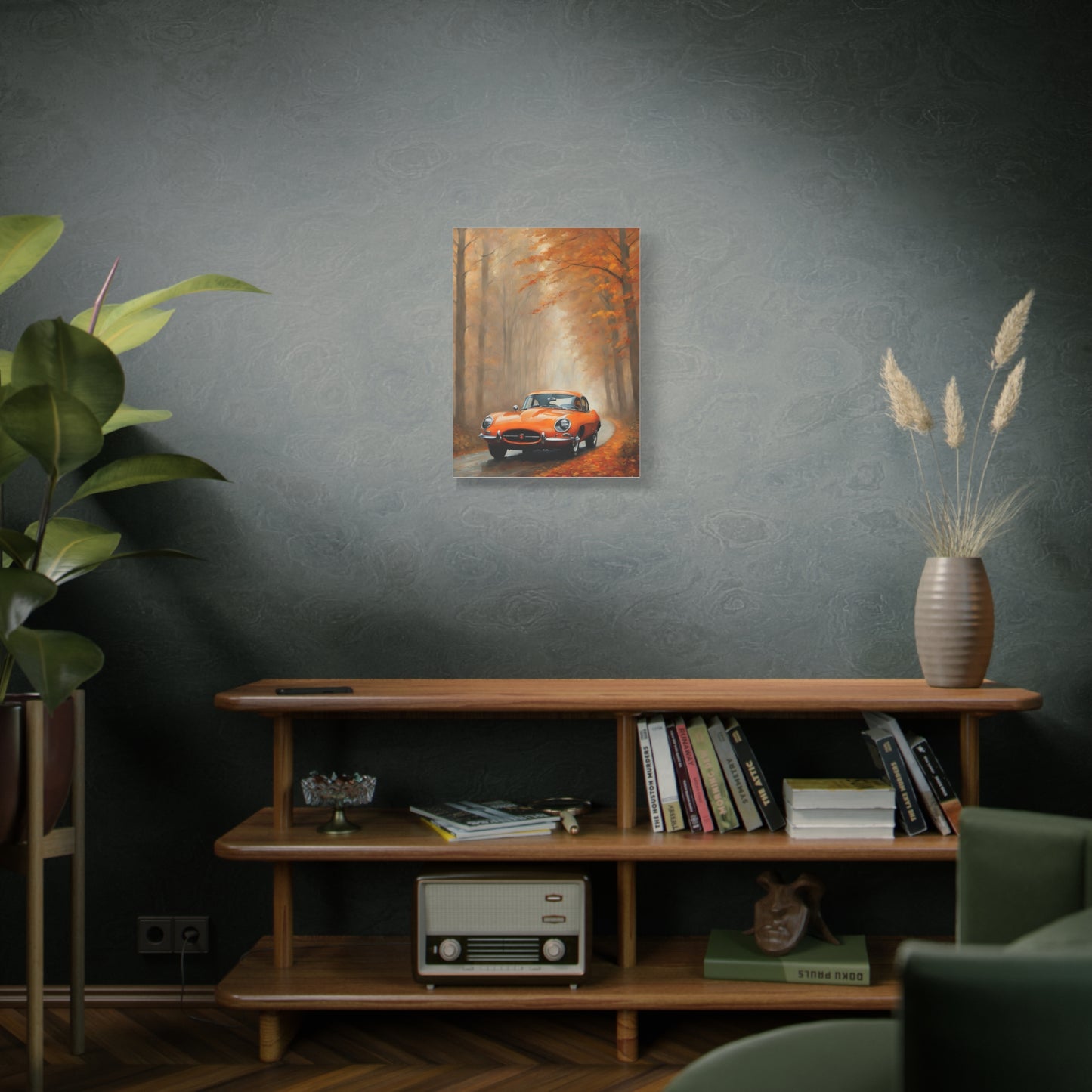 Autumn Car Canvas Print featuring a vintage car surrounded by vibrant fall foliage in a cozy interior setting