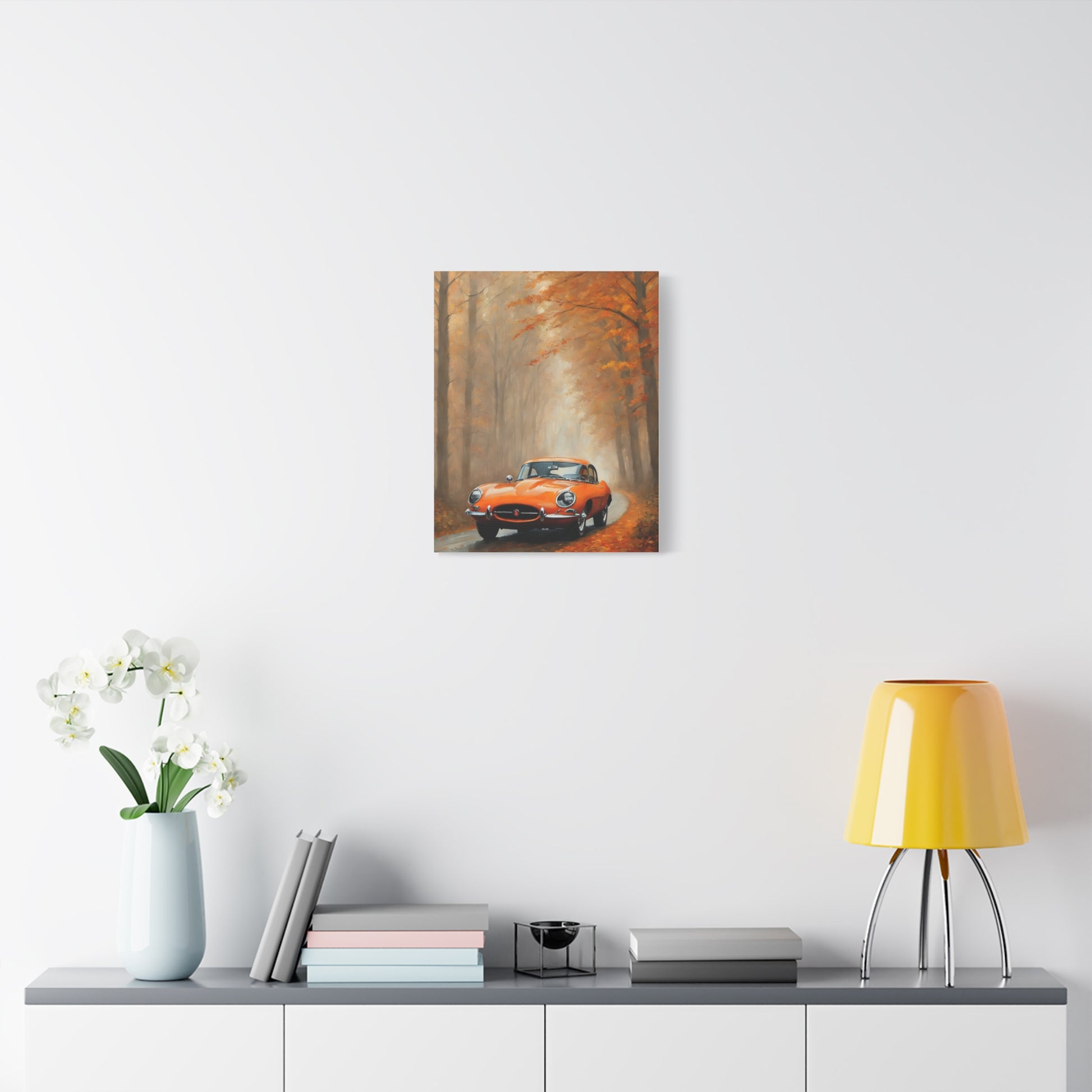 Autumn Car Canvas Print featuring a vintage car in a scenic autumn landscape