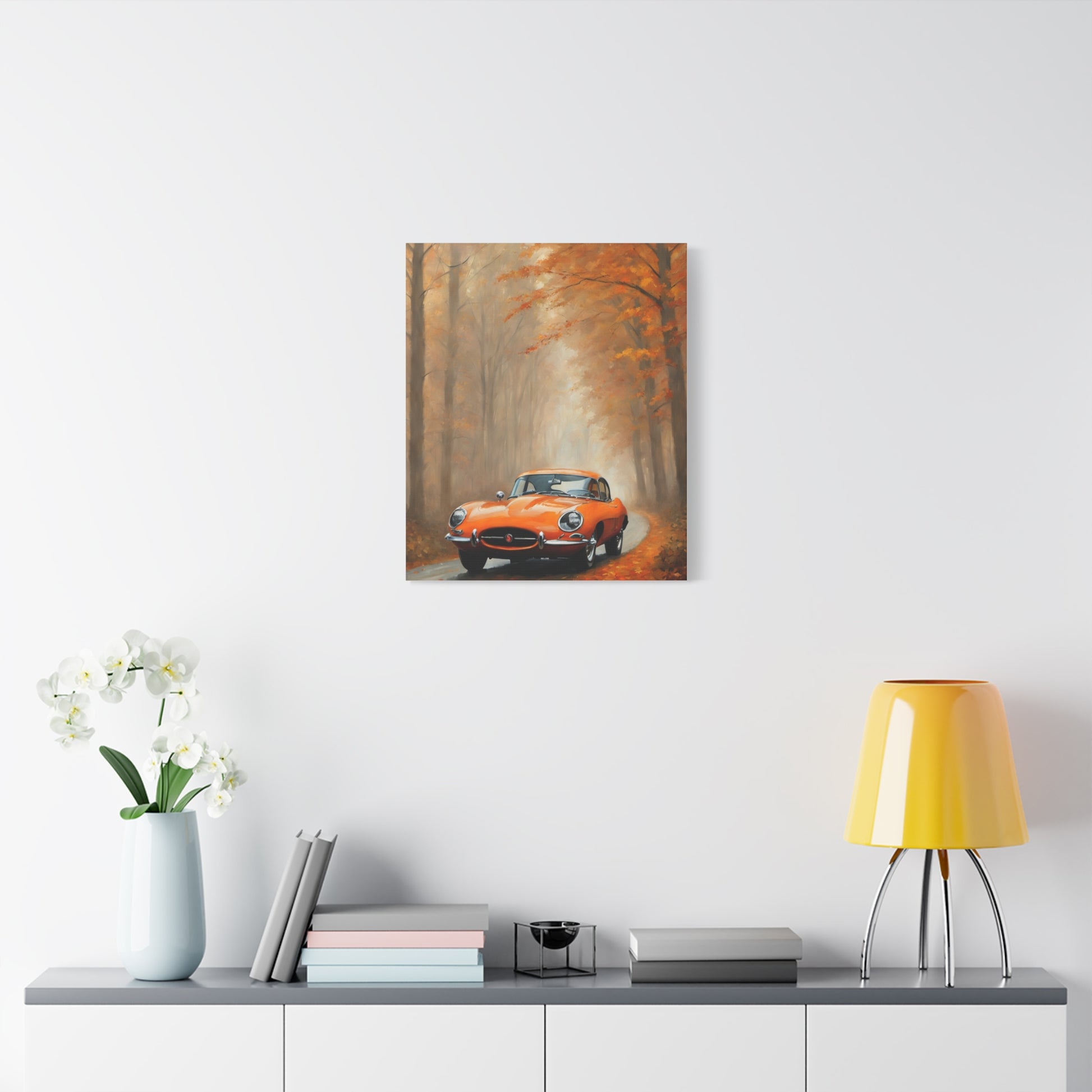 Autumn Car Canvas Print featuring a classic car in a serene autumn forest setting