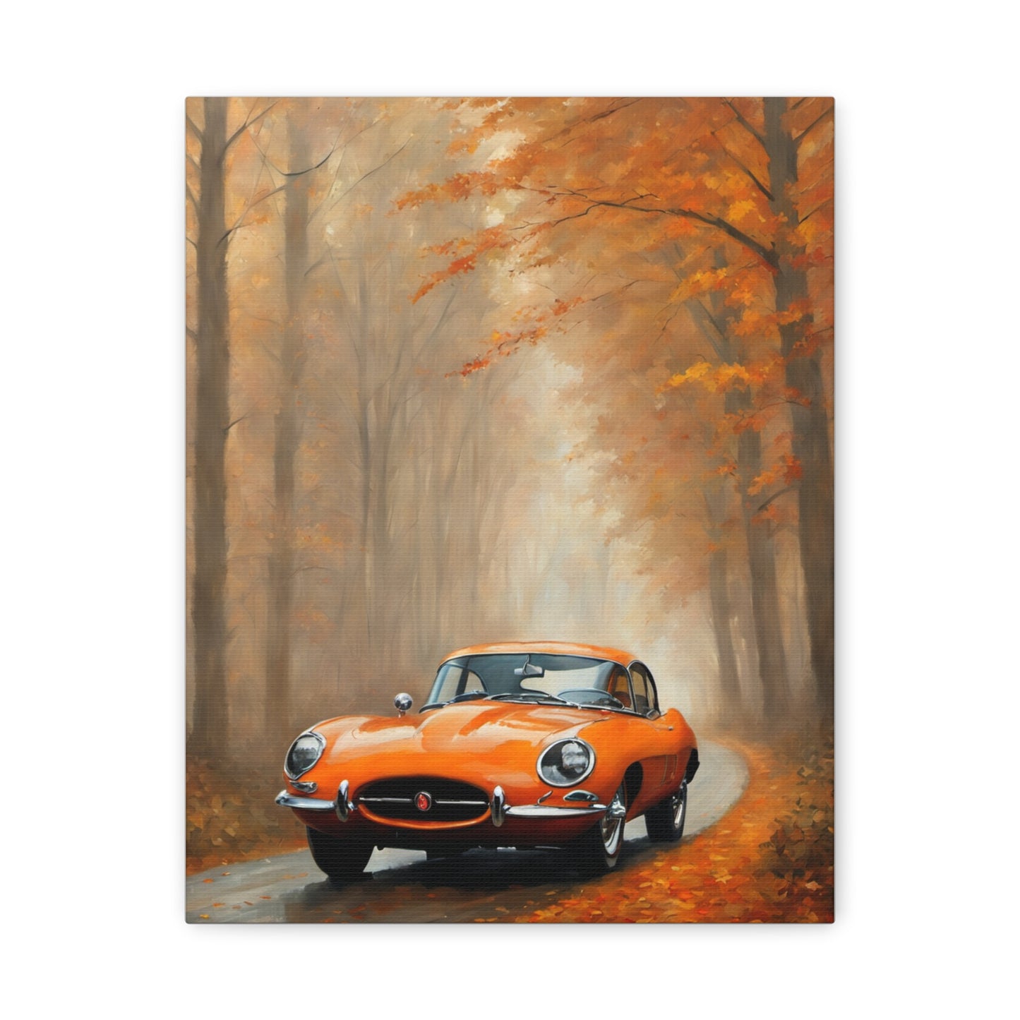 Autumn Car Canvas Print featuring a classic orange car on a foggy, tree-lined road with fall foliage