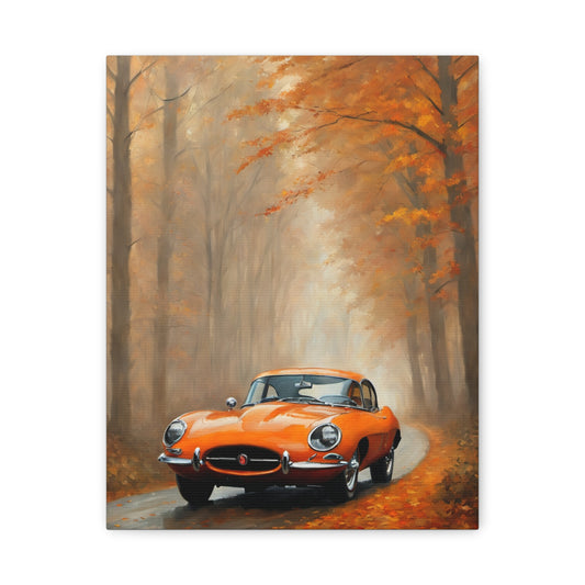 Autumn Car Canvas Print featuring a classic orange car on a foggy, tree-lined road with fall foliage