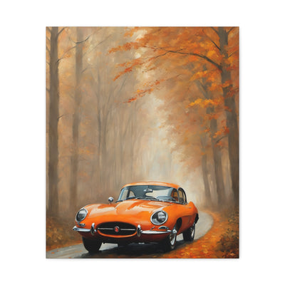 Autumn Car Canvas Print featuring an orange vintage car in a forest of colorful autumn leaves