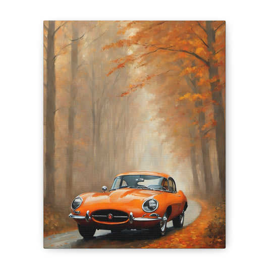 Autumn Car Canvas Print featuring an orange vintage car driving through a foggy forest path with autumn leaves