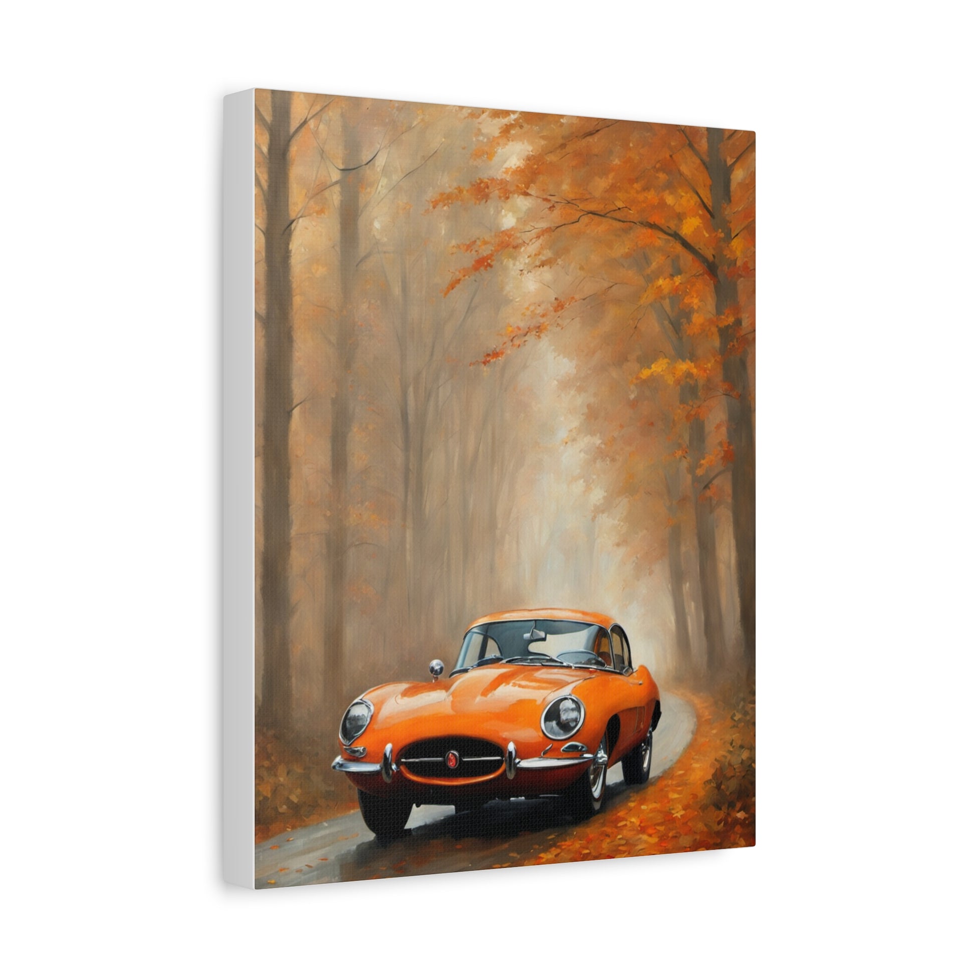 Autumn Car Canvas Print featuring a vibrant orange car on a misty road surrounded by fall foliage