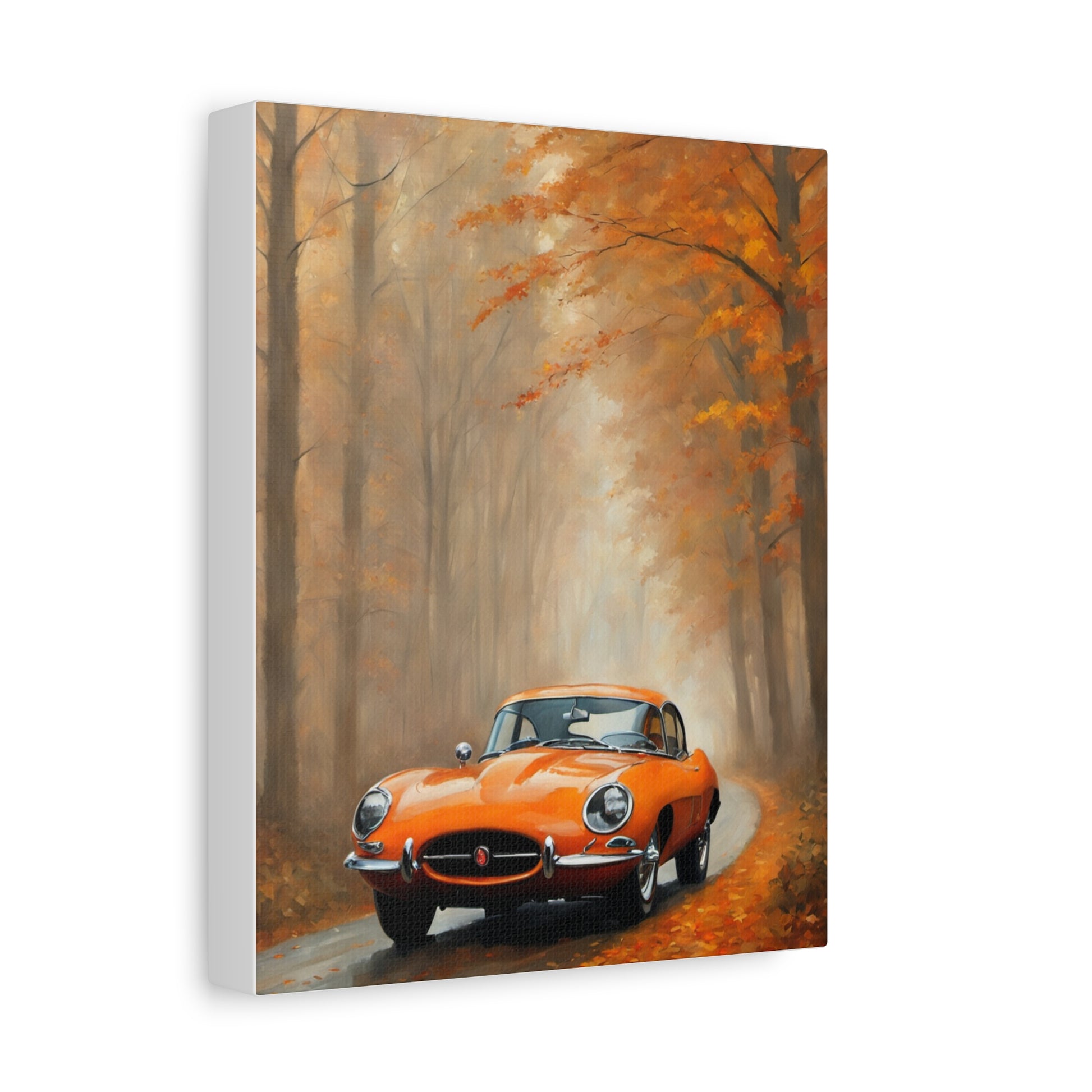 Autumn Car Canvas Print featuring an orange sports car on a tree-lined road with fall foliage