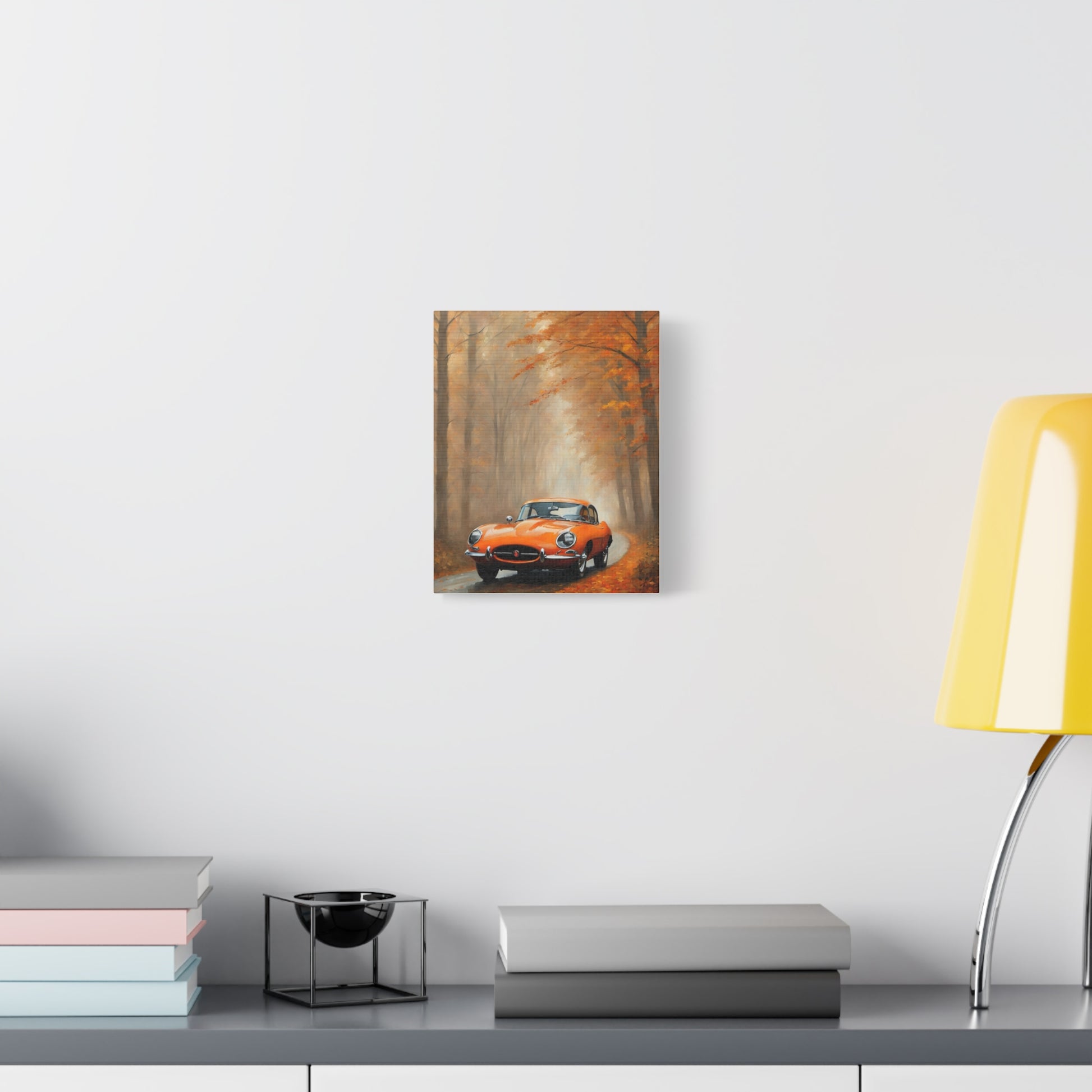 Autumn Car Canvas Print featuring a vintage orange car on a scenic autumn road