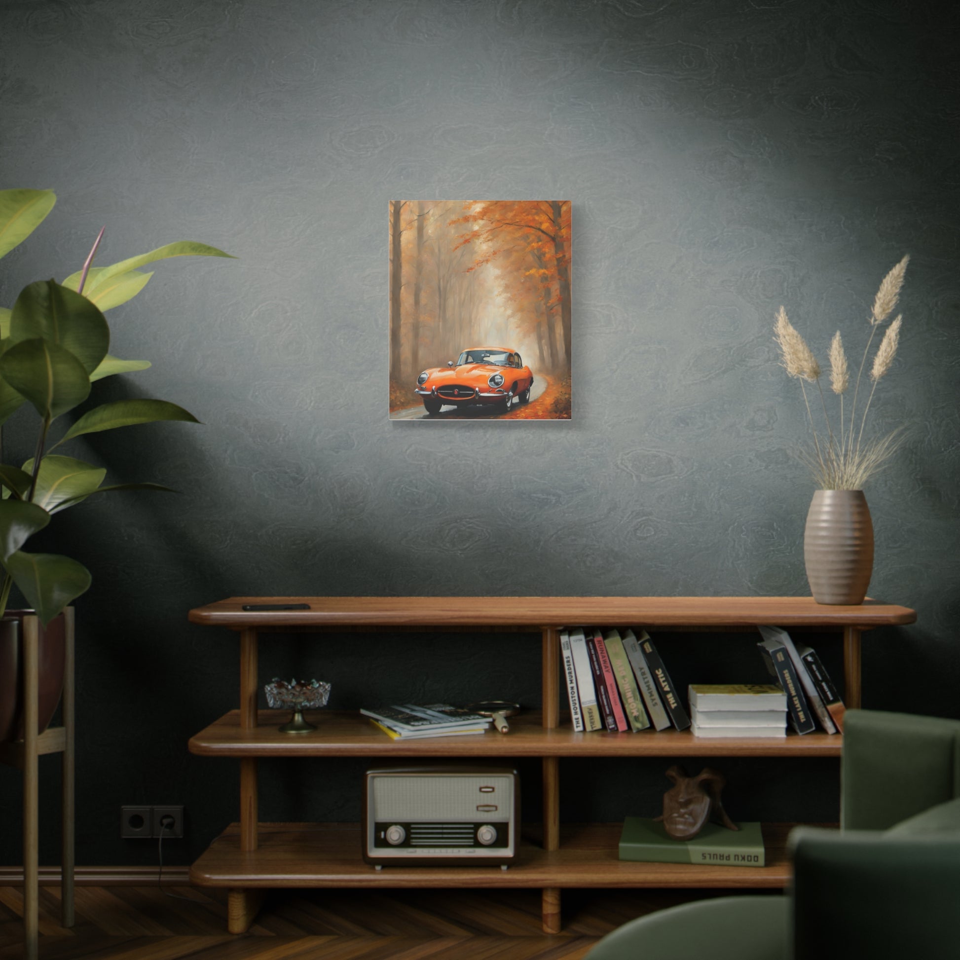 Autumn Car Canvas Print featuring a vintage car on a scenic road surrounded by fall foliage