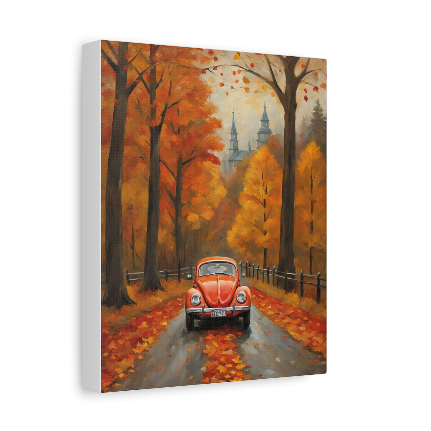 Autumn car canvas print featuring a red vintage car on a tree-lined road with colorful fall foliage