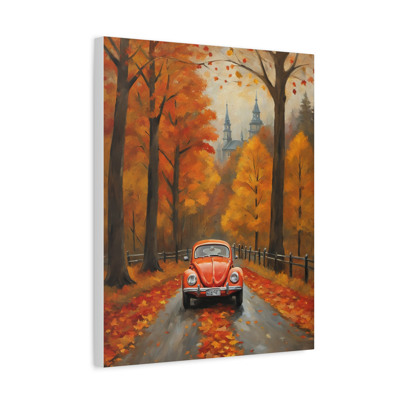 Autumn car canvas print featuring a vintage red car on a leaf-strewn road surrounded by colorful trees