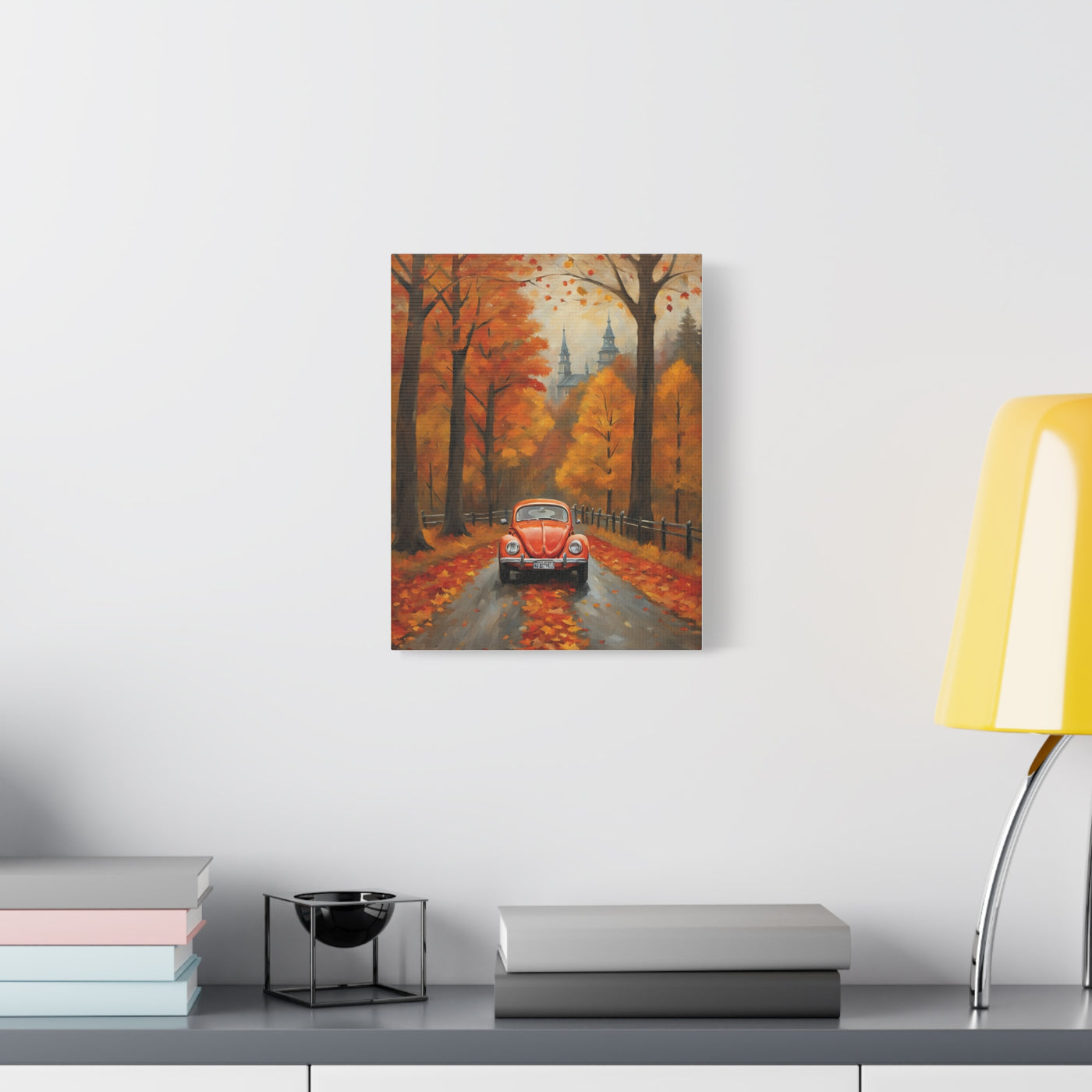 Autumn car canvas print featuring a vintage car on a tree-lined road with colorful fall leaves