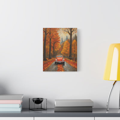 Autumn car canvas print featuring a vintage car on a tree-lined road with colorful fall leaves