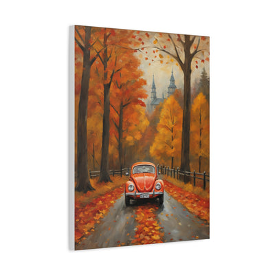 Autumn car canvas print featuring a red vintage car on a tree-lined road with fall foliage