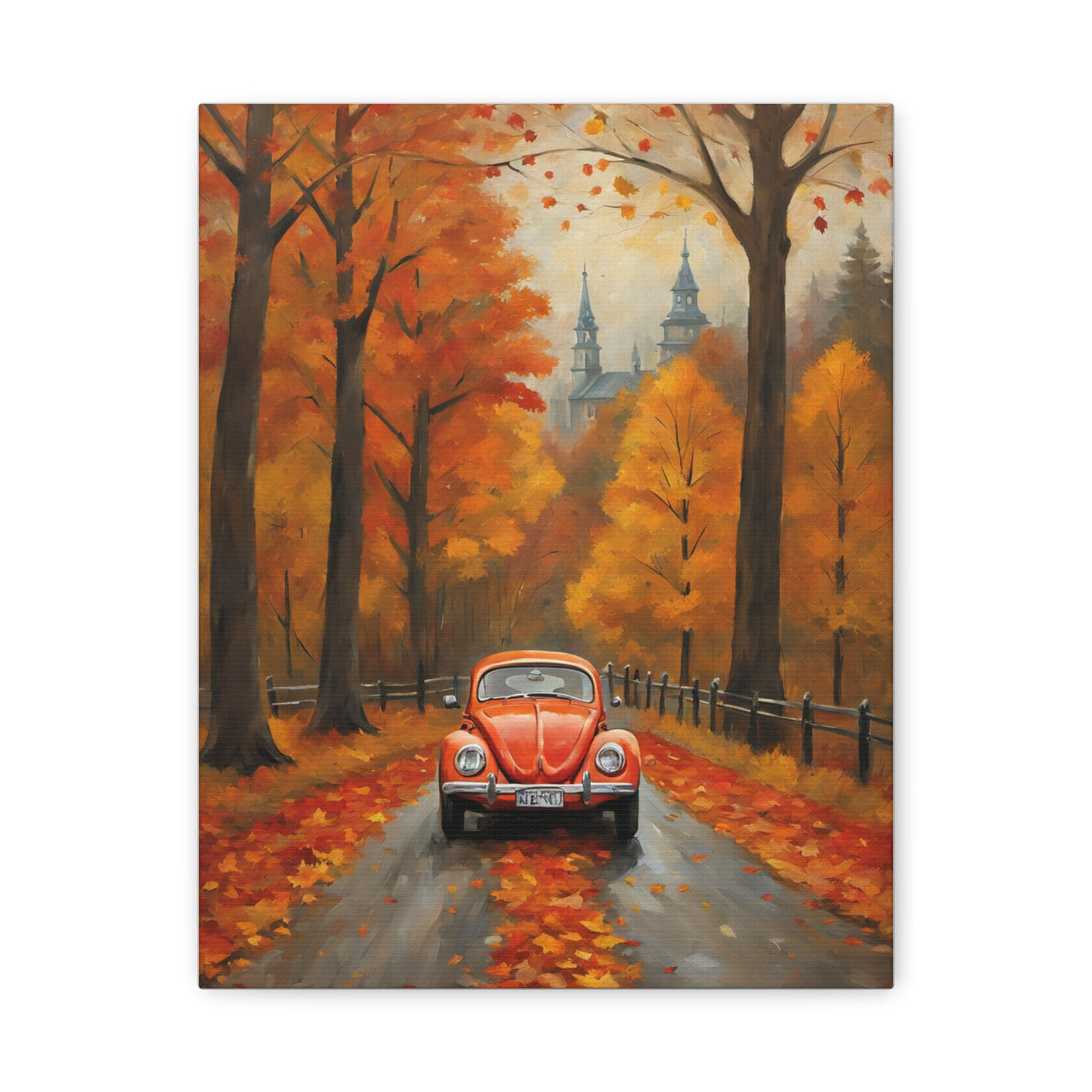 Autumn car canvas print featuring a red vintage car surrounded by colorful fall leaves