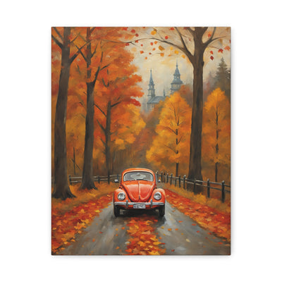 Autumn car canvas print featuring a red vintage car surrounded by colorful fall leaves