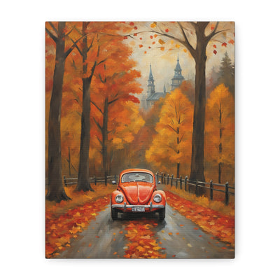 Autumn car canvas print featuring a vintage car on a tree-lined road with vibrant fall foliage