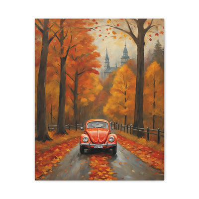 Autumn car canvas print featuring a red nostalgic car on a tree-lined road with colorful fall foliage