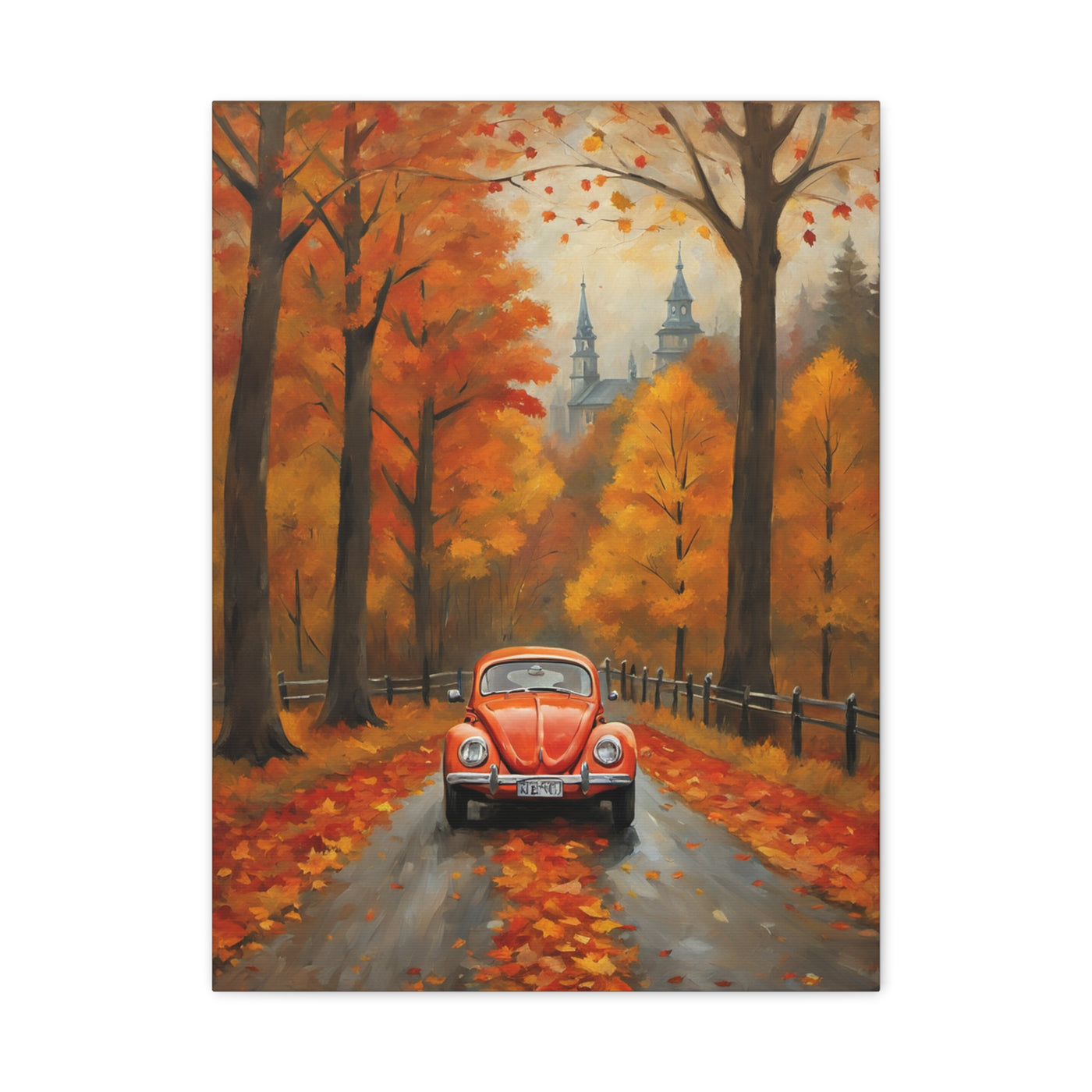 Autumn car canvas print featuring a vintage red car on a tree-lined road with vibrant fall foliage