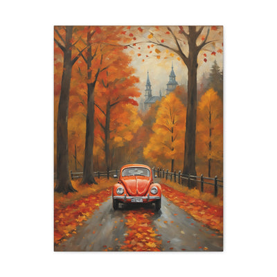 Autumn car canvas print featuring a vintage red car on a tree-lined road with vibrant fall foliage