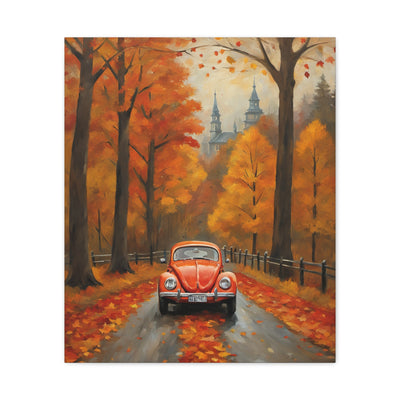 Autumn car canvas print featuring a red vintage car on a tree-lined road with vibrant fall foliage