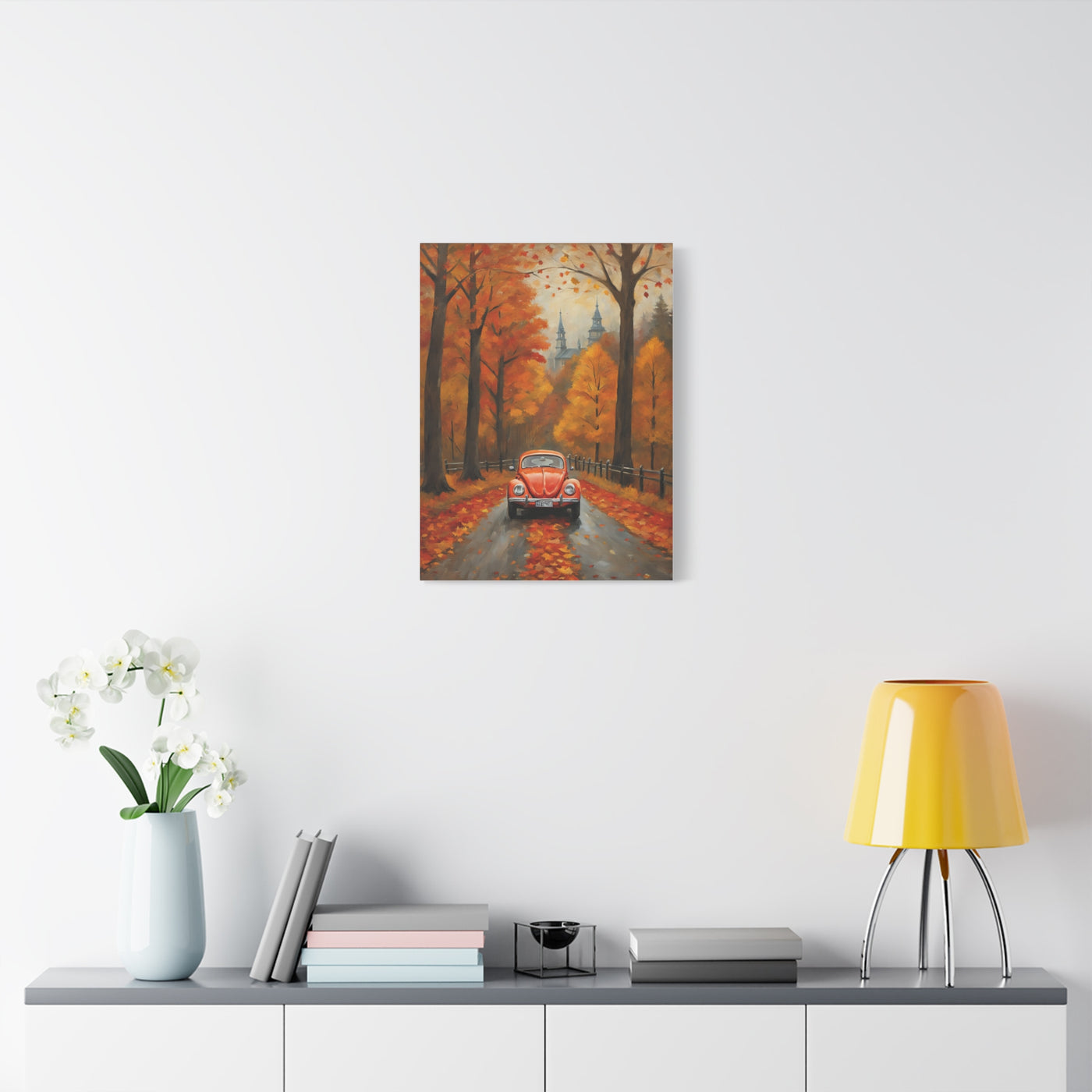 Autumn car canvas print featuring a red car on a scenic fall road surrounded by colorful trees