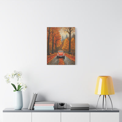 Autumn car canvas print featuring a red car on a scenic fall road surrounded by colorful trees
