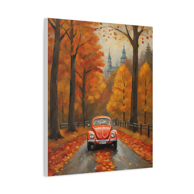 Autumn car canvas print featuring a red vintage car surrounded by colorful fall foliage