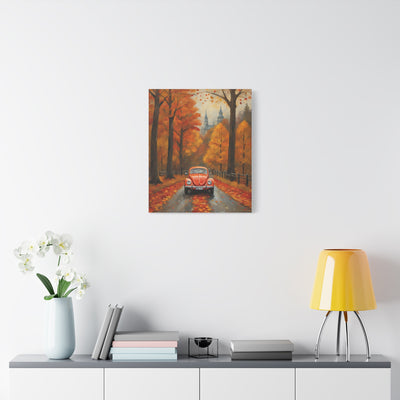 Autumn car canvas print featuring a red vintage car amidst vibrant fall foliage