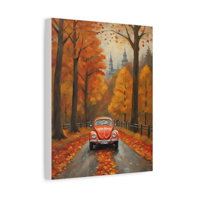 Autumn car canvas print featuring a red vintage car on a scenic tree-lined road with fall foliage