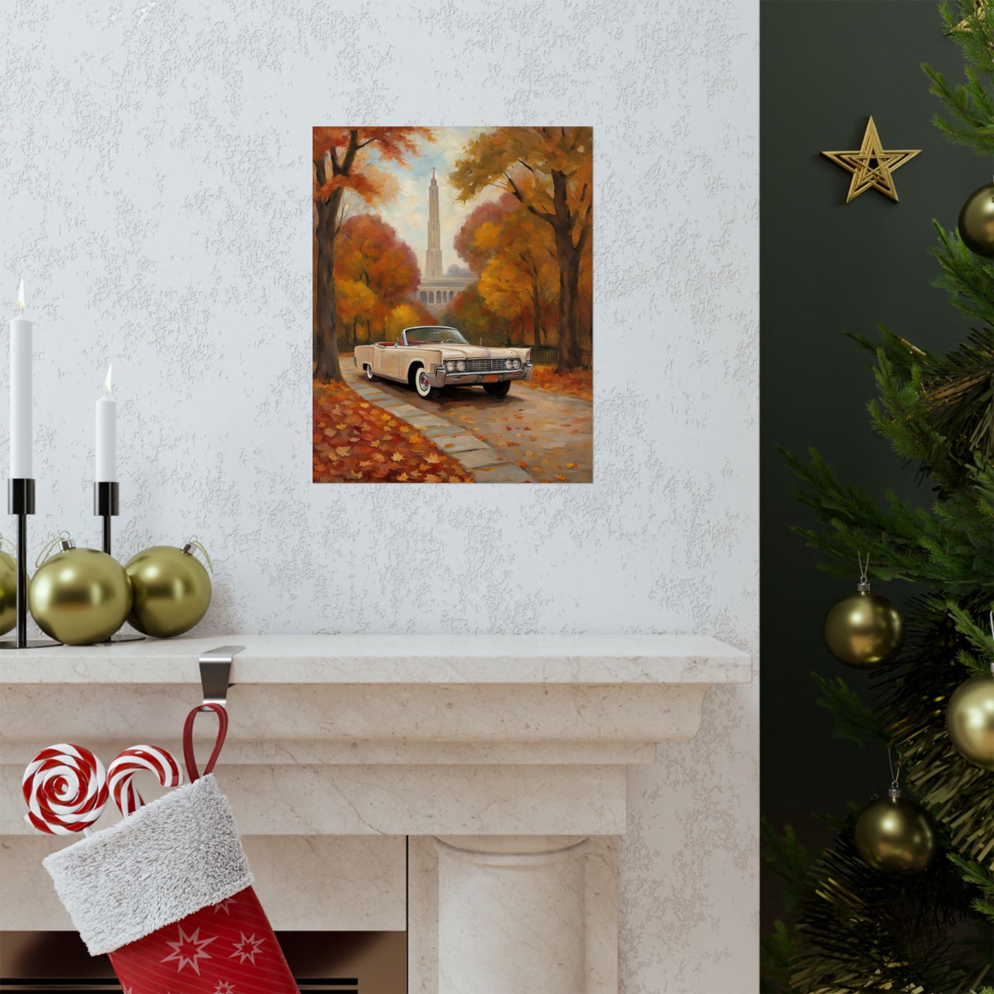 Autumn Car Poster featuring a vintage car surrounded by colorful fall leaves