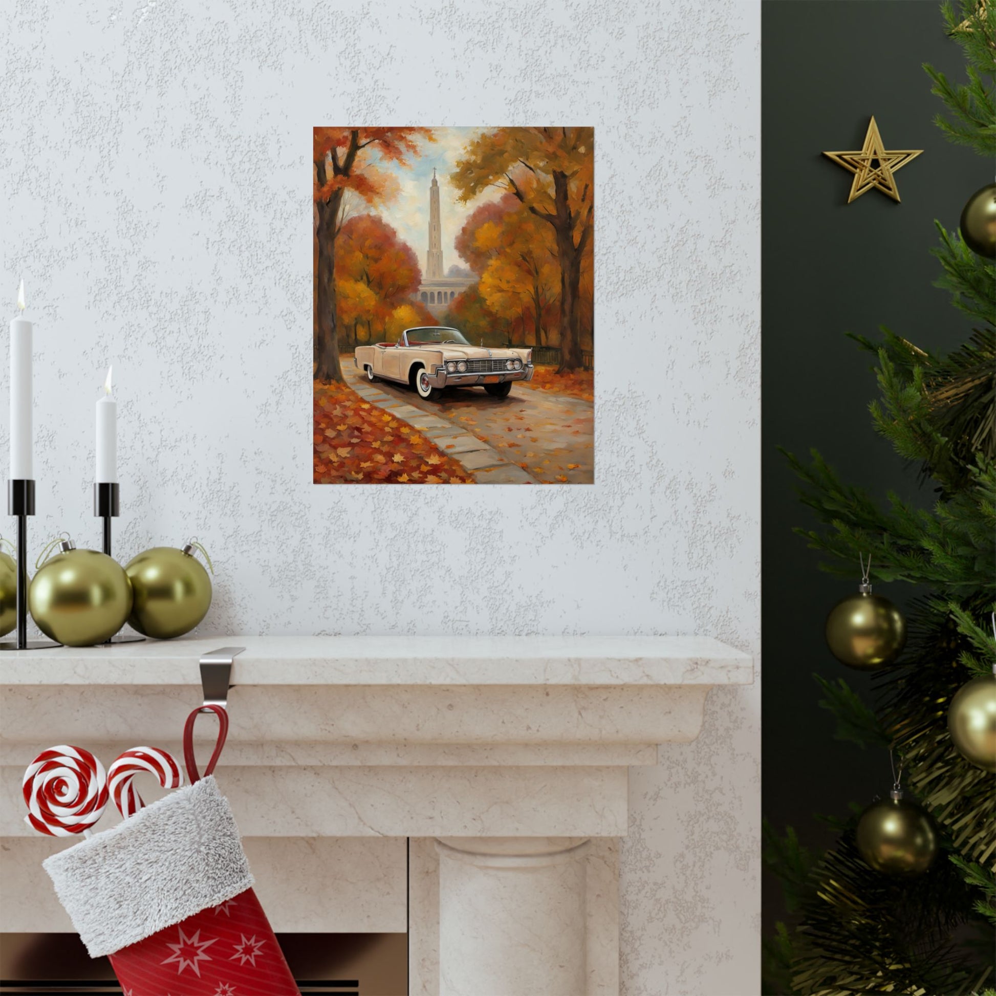 Autumn Car Poster featuring a vintage car surrounded by colorful fall leaves