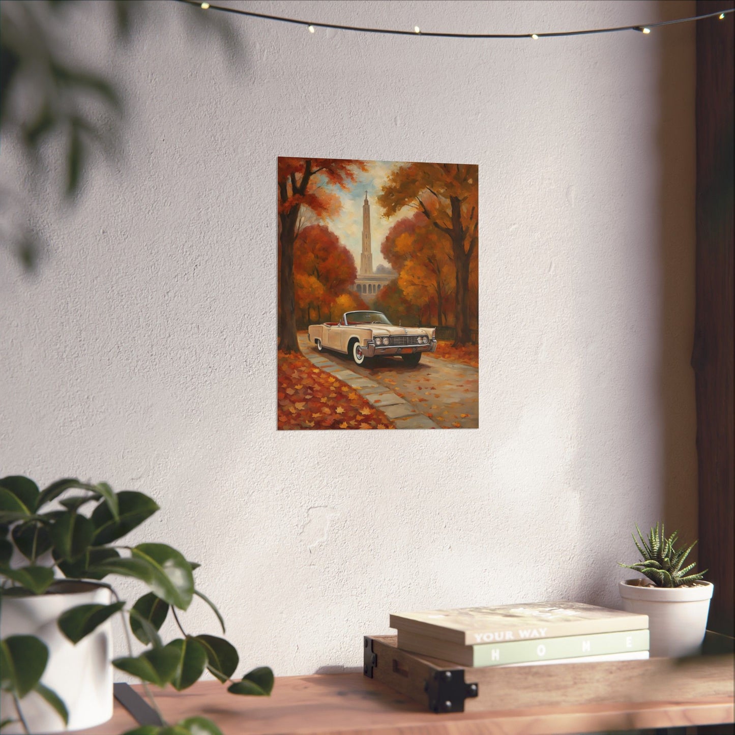 Autumn Car Poster featuring a classic car on a tree lined street with colorful fall foliage