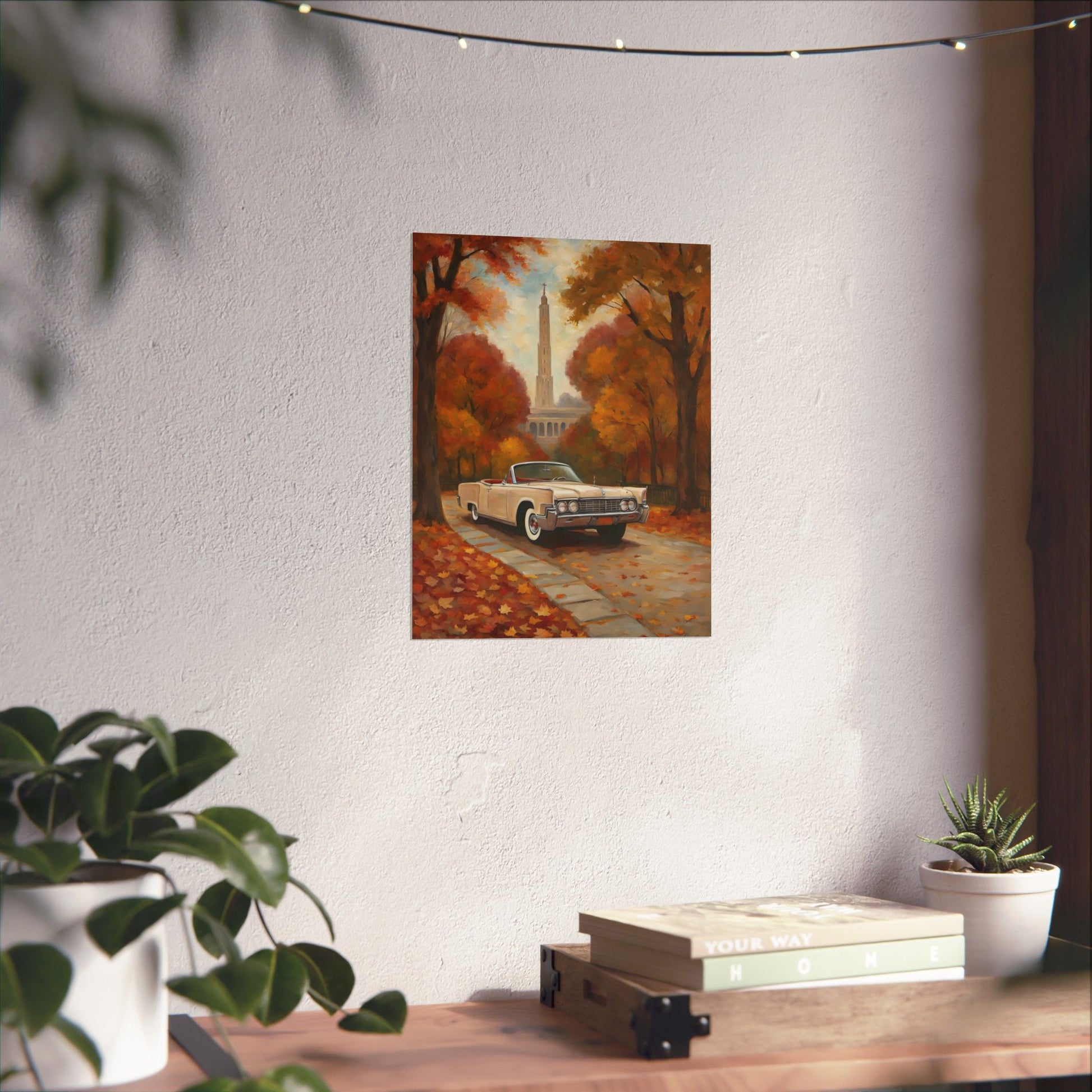 Autumn Car Poster featuring a classic car on a tree lined street with colorful fall foliage