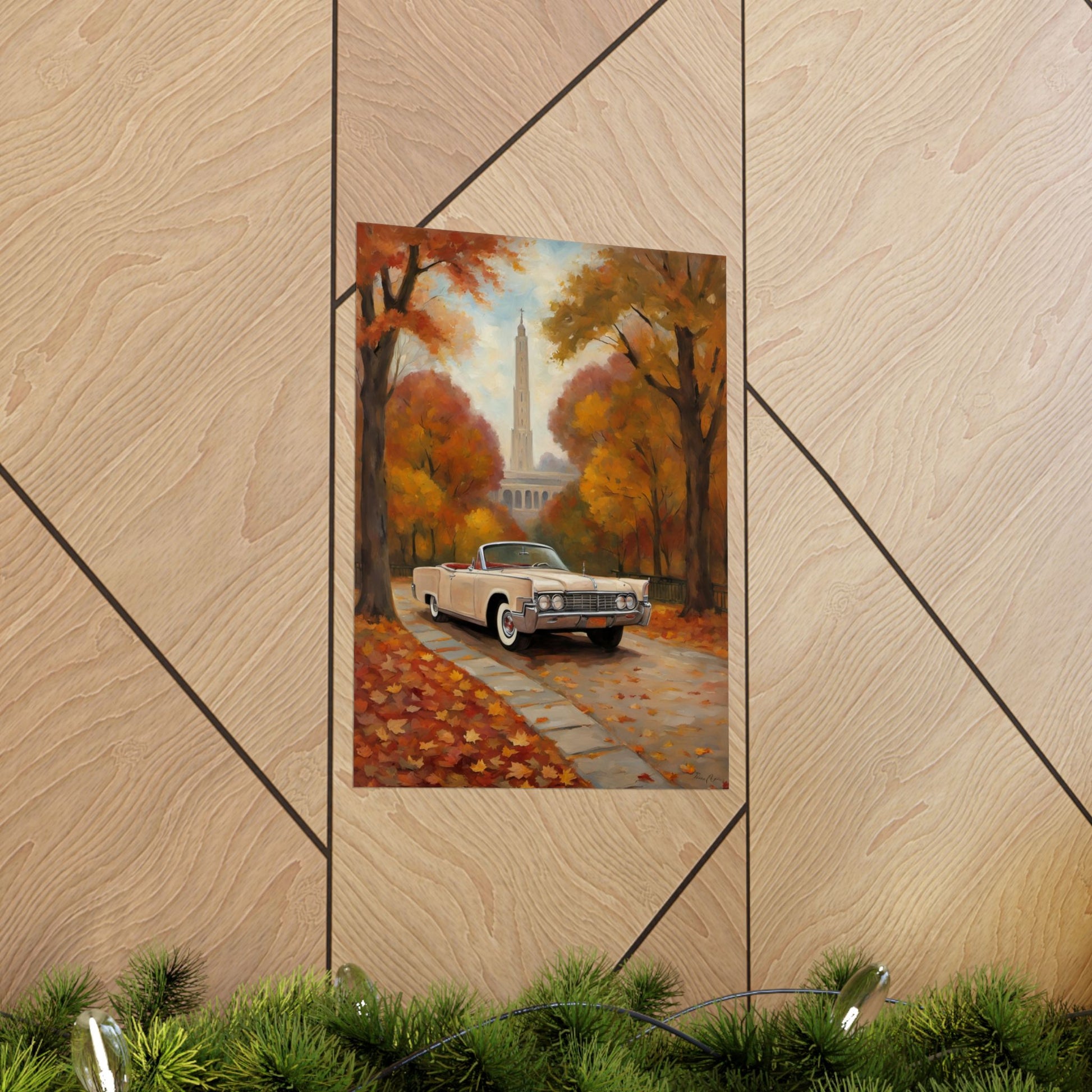 Autumn Car Poster featuring a vintage car amidst colorful fall foliage