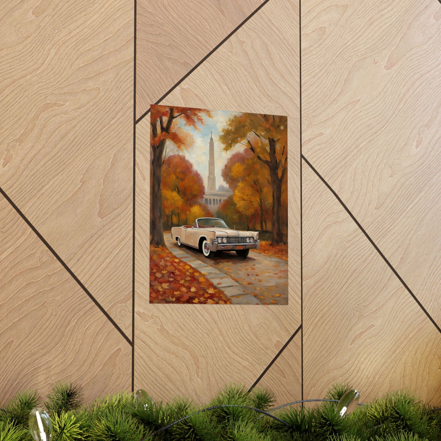 Autumn Car Poster featuring a classic car on a tree lined street with fall foliage