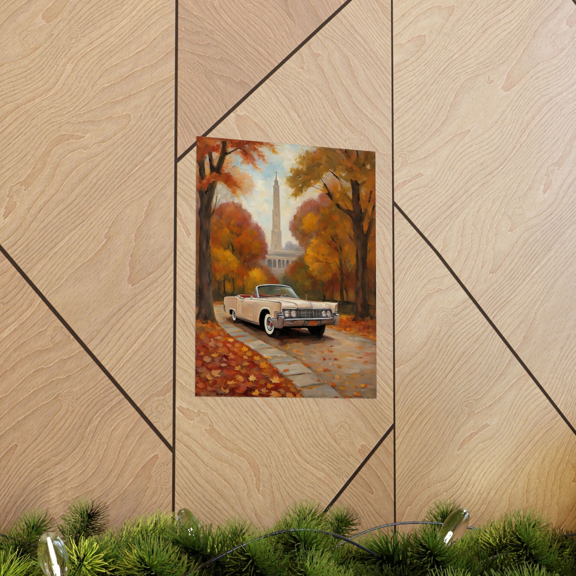 Autumn Car Poster featuring a classic car on a tree lined street with fall foliage