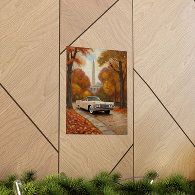 Autumn Car Poster featuring a classic car on a tree lined street with fall foliage